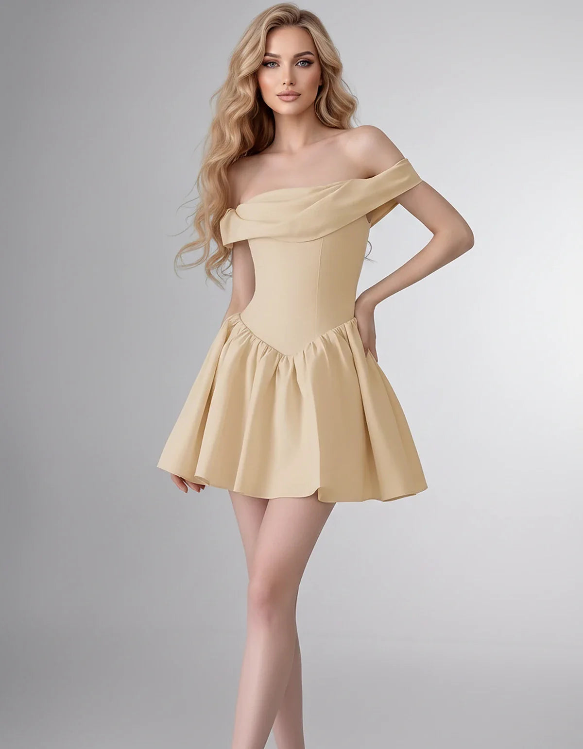 Satin Off-the-Shoulder A-Line Mini Dress with Structured Bodice for Party, Cocktail, Evening, Homecoming, Wedding Guest & Sum | SKU: VM-582746193847561-CHAMPAGNE-L,VM-582746193847561-CHAMPAGNE-M,VM-582746193847561-CHAMPAGNE-S,VM-582746193847561-CHAMPAGNE-XL,VM-582746193847561-CHAMPAGNE-XS