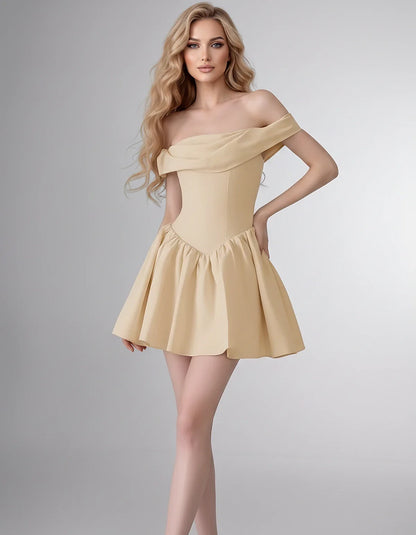 Satin Off-the-Shoulder A-Line Mini Dress with Structured Bodice for Party, Cocktail, Evening, Homecoming, Wedding Guest & Sum | SKU: VM-582746193847561-CHAMPAGNE-L,VM-582746193847561-CHAMPAGNE-M,VM-582746193847561-CHAMPAGNE-S,VM-582746193847561-CHAMPAGNE-XL,VM-582746193847561-CHAMPAGNE-XS