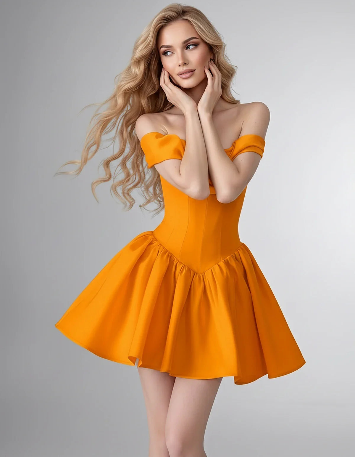 Satin Off-the-Shoulder A-Line Mini Dress with Structured Bodice for Party, Cocktail, Evening, Homecoming, Wedding Guest & Sum | SKU: VM-582746193847561-ORANGE-L,VM-582746193847561-ORANGE-M,VM-582746193847561-ORANGE-S,VM-582746193847561-ORANGE-XL,VM-582746193847561-ORANGE-XS