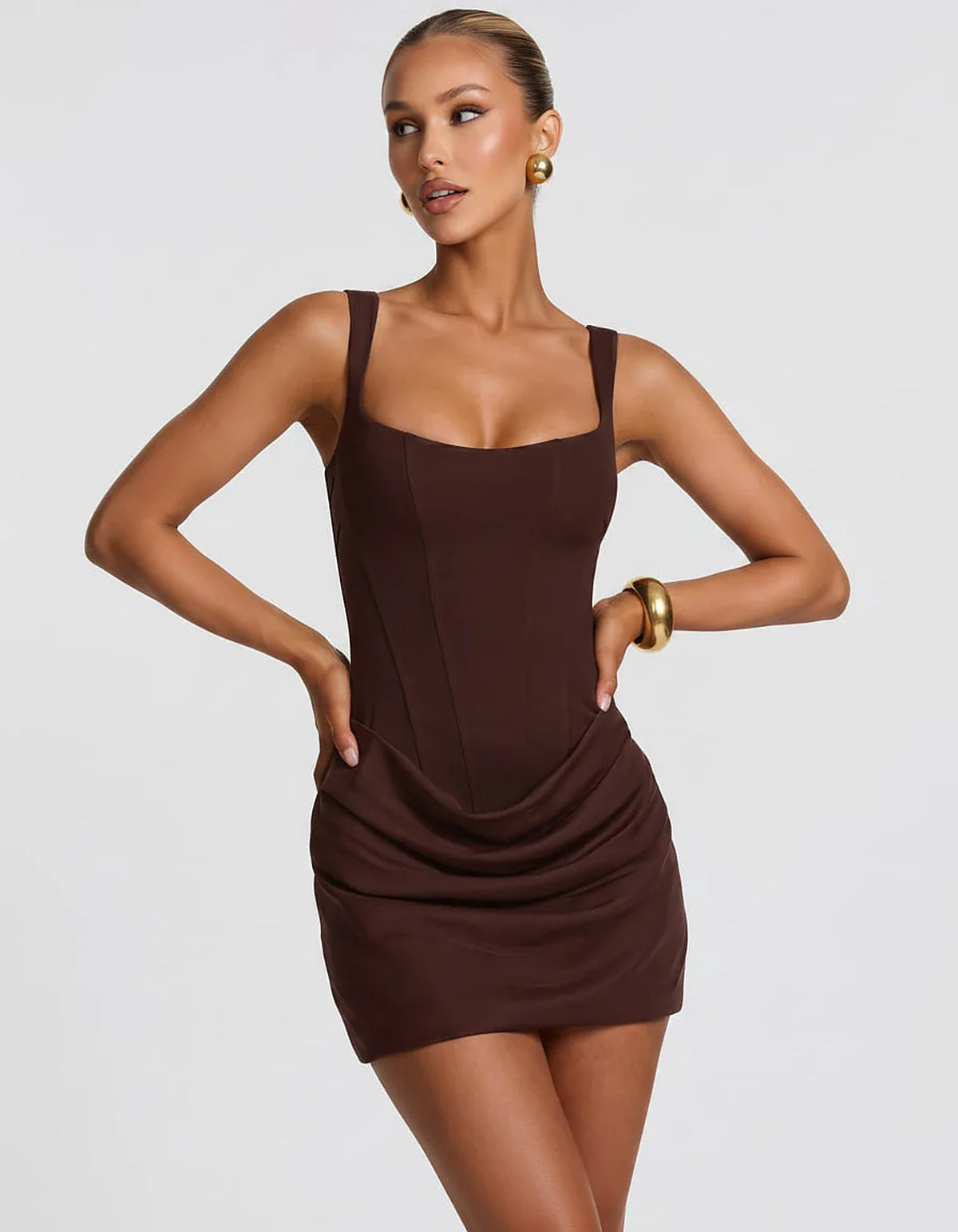 Black,red,blue,brown,pink,purple,white,navy,burgundy,yellow,green,beige Satin Skater Square Neck Long Sleeve Mini Dress | Gal | SKU: VM-582741963852147-BROWN-L,VM-582741963852147-BROWN-M,VM-582741963852147-BROWN-S,VM-582741963852147-BROWN-XL,VM-582741963852147-BROWN-XS