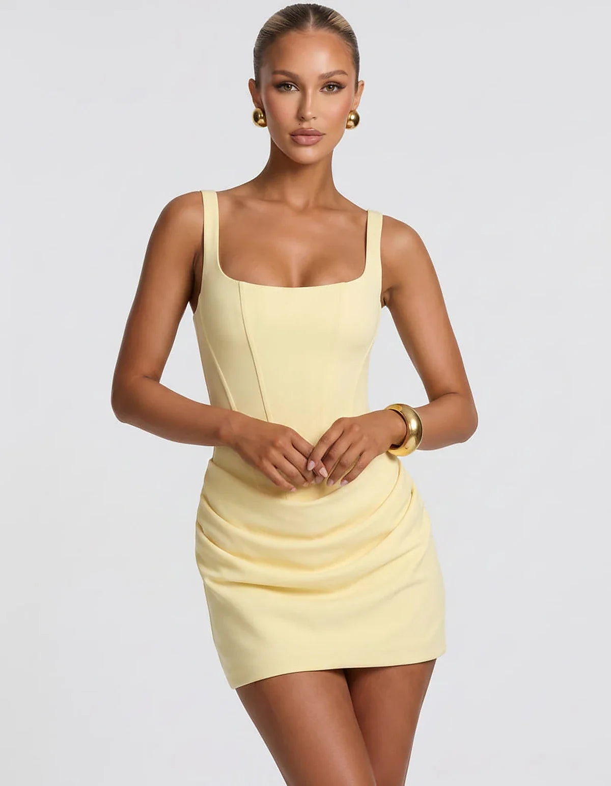 Black,red,blue,brown,pink,purple,white,navy,burgundy,yellow,green,beige Satin Skater Square Neck Long Sleeve Mini Dress | Gal | SKU: VM-582741963852147-YELLOW-L,VM-582741963852147-YELLOW-M,VM-582741963852147-YELLOW-S,VM-582741963852147-YELLOW-XL,VM-582741963852147-YELLOW-XS
