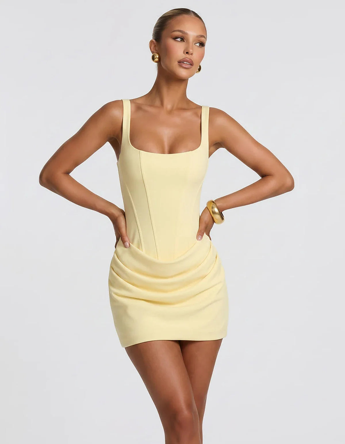 Black,red,blue,brown,pink,purple,white,navy,burgundy,yellow,green,beige Satin Skater Square Neck Long Sleeve Mini Dress | Gal | SKU: VM-582741963852147-YELLOW-L,VM-582741963852147-YELLOW-M,VM-582741963852147-YELLOW-S,VM-582741963852147-YELLOW-XL,VM-582741963852147-YELLOW-XS
