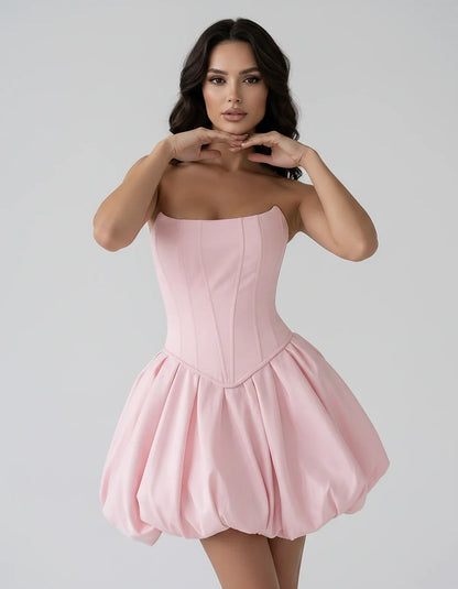 Satin Strapless Structured Bubble Hem Mini Dress for Party, Cocktail, Evening, Summer Events, Wedding Guest Occasions, front | SKU: VM-583741926184705-BLUSH-L,VM-583741926184705-BLUSH-M,VM-583741926184705-BLUSH-S,VM-583741926184705-BLUSH-XL,VM-583741926184705-BLUSH-XS