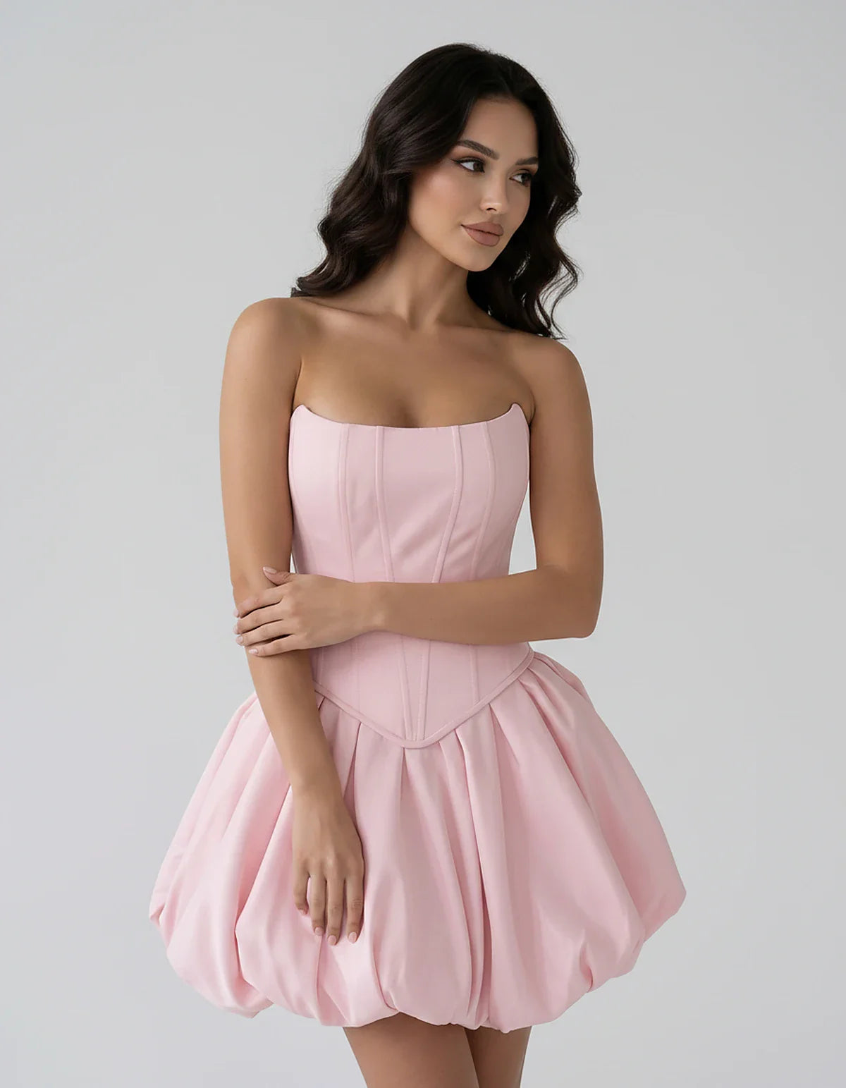 Satin Strapless Structured Bubble Hem Mini Dress for Party, Cocktail, Evening, Summer Events, Wedding Guest Occasions, front | SKU: VM-583741926184705-BLUSH-L,VM-583741926184705-BLUSH-M,VM-583741926184705-BLUSH-S,VM-583741926184705-BLUSH-XL,VM-583741926184705-BLUSH-XS