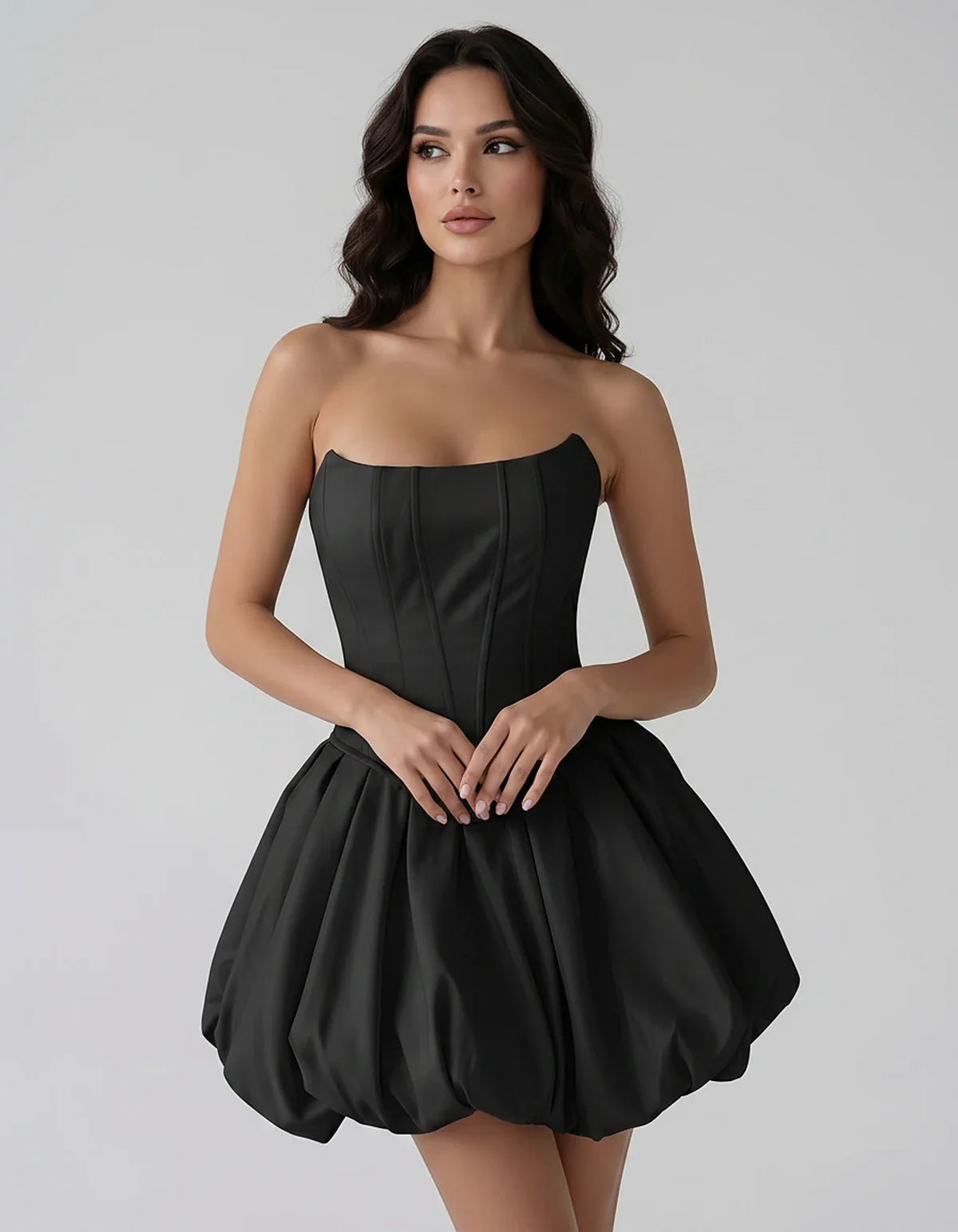 Satin Strapless Structured Bubble Hem Mini Dress for Party, Cocktail, Evening, Summer Events, Wedding Guest Occasions, front | SKU: VM-583741926184705-BLACK-L,VM-583741926184705-BLACK-M,VM-583741926184705-BLACK-S,VM-583741926184705-BLACK-XL,VM-583741926184705-BLACK-XS