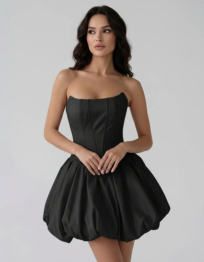 Satin Strapless Structured Bubble Hem Mini Dress for Party, Cocktail, Evening, Summer Events, Wedding Guest Occasions, front | SKU: VM-583741926184705-BLACK-L,VM-583741926184705-BLACK-M,VM-583741926184705-BLACK-S,VM-583741926184705-BLACK-XL,VM-583741926184705-BLACK-XS