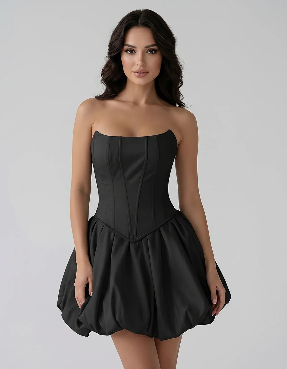 Satin Strapless Structured Bubble Hem Mini Dress for Party, Cocktail, Evening, Summer Events, Wedding Guest Occasions, front | SKU: VM-583741926184705-BLACK-L,VM-583741926184705-BLACK-M,VM-583741926184705-BLACK-S,VM-583741926184705-BLACK-XL,VM-583741926184705-BLACK-XS