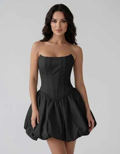 Satin Strapless Structured Bubble Hem Mini Dress for Party, Cocktail, Evening, Summer Events, Wedding Guest Occasions, front | SKU: VM-583741926184705-BLACK-L,VM-583741926184705-BLACK-M,VM-583741926184705-BLACK-S,VM-583741926184705-BLACK-XL,VM-583741926184705-BLACK-XS