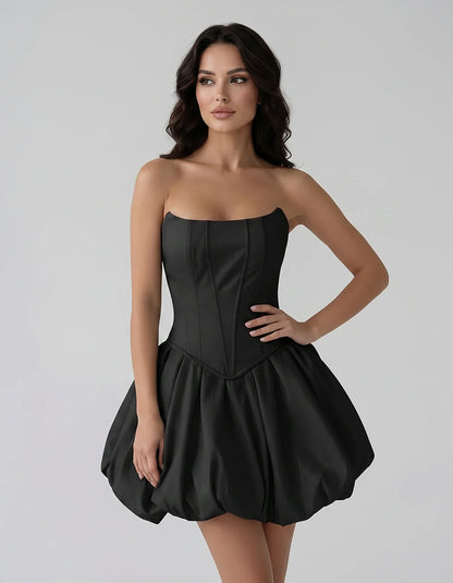 Satin Strapless Structured Bubble Hem Mini Dress for Party, Cocktail, Evening, Summer Events, Wedding Guest Occasions, front | SKU: VM-583741926184705-BLACK-L,VM-583741926184705-BLACK-M,VM-583741926184705-BLACK-S,VM-583741926184705-BLACK-XL,VM-583741926184705-BLACK-XS