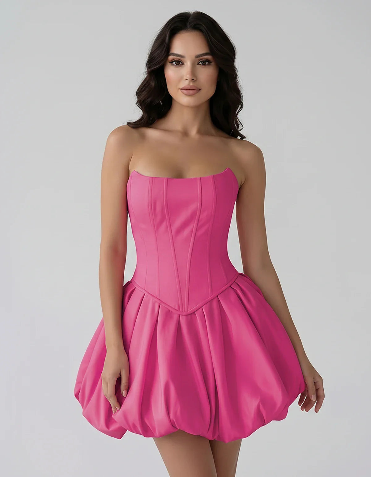 Satin Strapless Structured Bubble Hem Mini Dress for Party, Cocktail, Evening, Summer Events, Wedding Guest Occasions, front | SKU: VM-583741926184705-HOTPINK-L,VM-583741926184705-HOTPINK-M,VM-583741926184705-HOTPINK-S,VM-583741926184705-HOTPINK-XL,VM-583741926184705-HOTPINK-XS