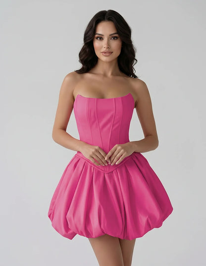Satin Strapless Structured Bubble Hem Mini Dress for Party, Cocktail, Evening, Summer Events, Wedding Guest Occasions, front | SKU: VM-583741926184705-HOTPINK-L,VM-583741926184705-HOTPINK-M,VM-583741926184705-HOTPINK-S,VM-583741926184705-HOTPINK-XL,VM-583741926184705-HOTPINK-XS