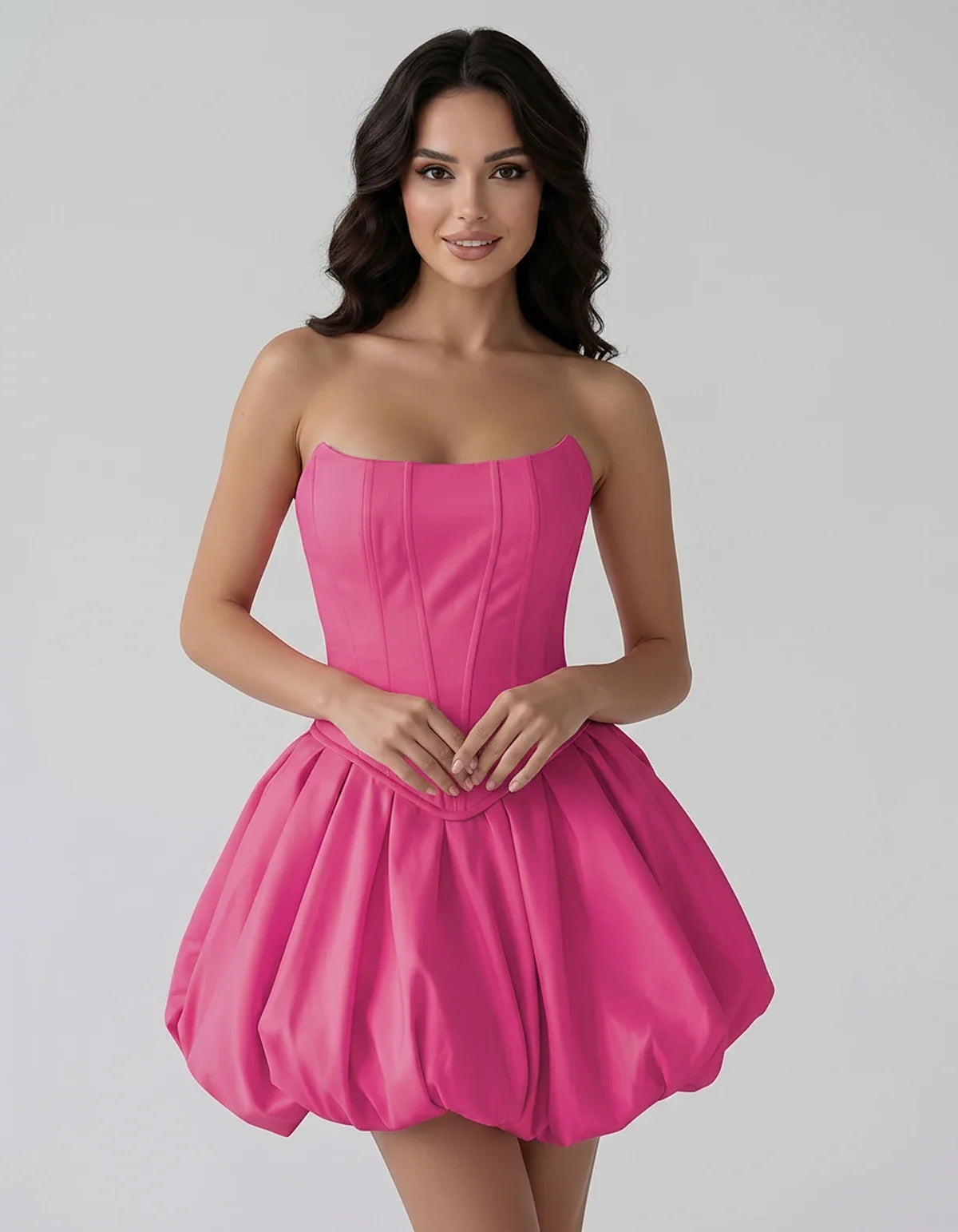 Satin Strapless Structured Bubble Hem Mini Dress for Party, Cocktail, Evening, Summer Events, Wedding Guest Occasions, front | SKU: VM-583741926184705-HOTPINK-L,VM-583741926184705-HOTPINK-M,VM-583741926184705-HOTPINK-S,VM-583741926184705-HOTPINK-XL,VM-583741926184705-HOTPINK-XS