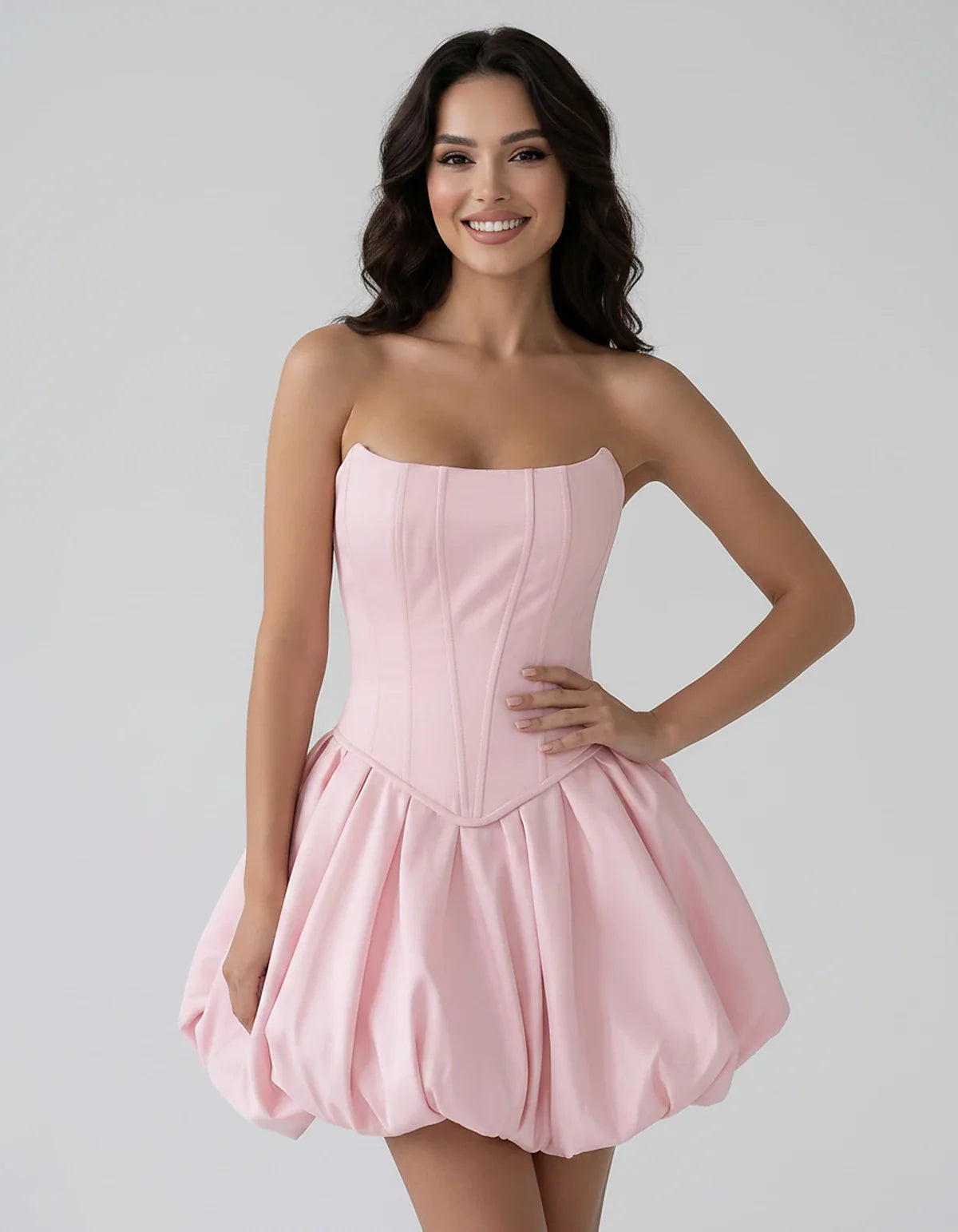 Satin Strapless Structured Bubble Hem Mini Dress for Party, Cocktail, Evening, Summer Events, Wedding Guest Occasions, front | SKU: VM-583741926184705-BLUSH-L,VM-583741926184705-BLUSH-M,VM-583741926184705-BLUSH-S,VM-583741926184705-BLUSH-XL,VM-583741926184705-BLUSH-XS
