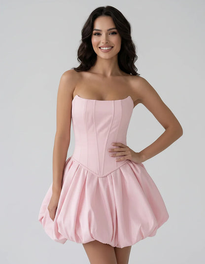 Satin Strapless Structured Bubble Hem Mini Dress for Party, Cocktail, Evening, Summer Events, Wedding Guest Occasions, front | SKU: VM-583741926184705-BLUSH-L,VM-583741926184705-BLUSH-M,VM-583741926184705-BLUSH-S,VM-583741926184705-BLUSH-XL,VM-583741926184705-BLUSH-XS