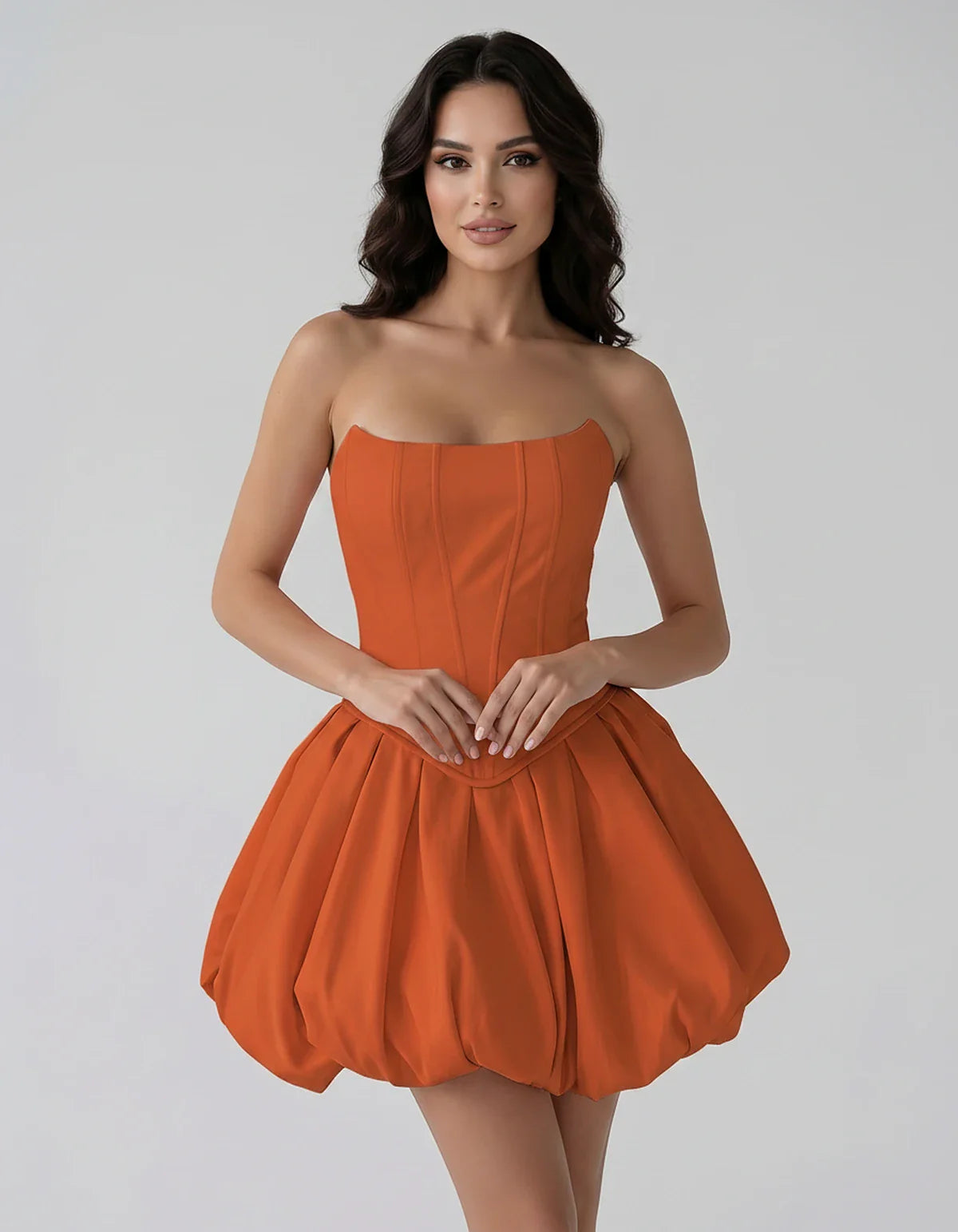 Satin Strapless Structured Bubble Hem Mini Dress for Party, Cocktail, Evening, Summer Events, Wedding Guest Occasions, front | SKU: VM-583741926184705-ORANGE-L,VM-583741926184705-ORANGE-M,VM-583741926184705-ORANGE-S,VM-583741926184705-ORANGE-XL,VM-583741926184705-ORANGE-XS