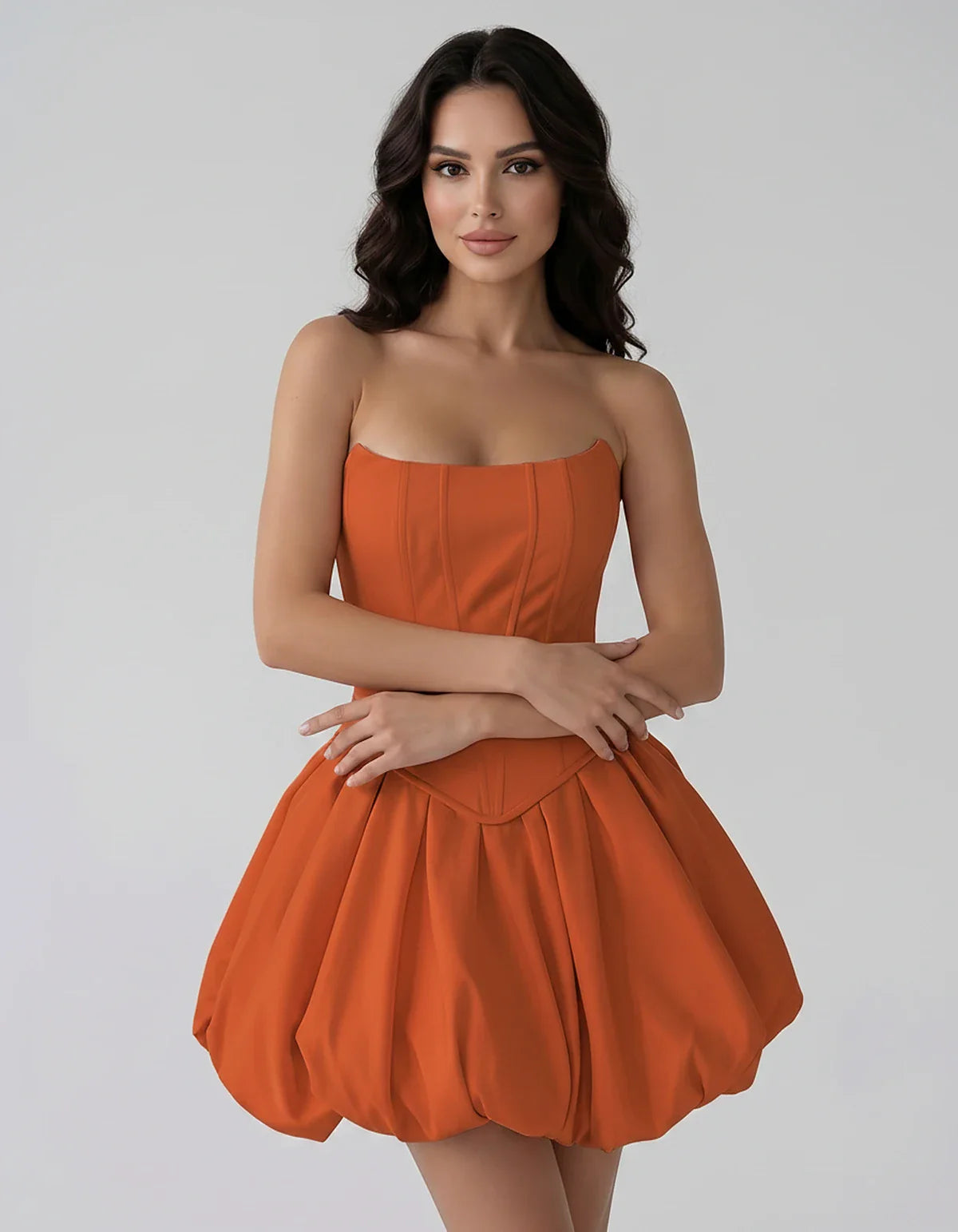 Satin Strapless Structured Bubble Hem Mini Dress for Party, Cocktail, Evening, Summer Events, Wedding Guest Occasions, front | SKU: VM-583741926184705-ORANGE-L,VM-583741926184705-ORANGE-M,VM-583741926184705-ORANGE-S,VM-583741926184705-ORANGE-XL,VM-583741926184705-ORANGE-XS