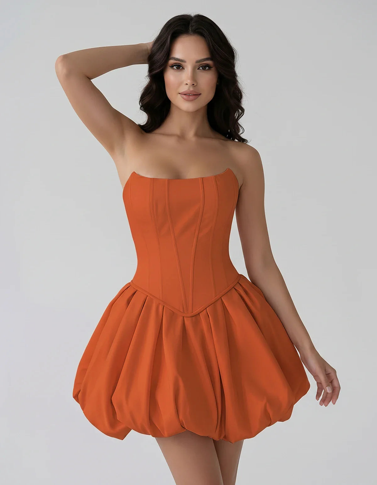 Satin Strapless Structured Bubble Hem Mini Dress for Party, Cocktail, Evening, Summer Events, Wedding Guest Occasions, front | SKU: VM-583741926184705-ORANGE-L,VM-583741926184705-ORANGE-M,VM-583741926184705-ORANGE-S,VM-583741926184705-ORANGE-XL,VM-583741926184705-ORANGE-XS
