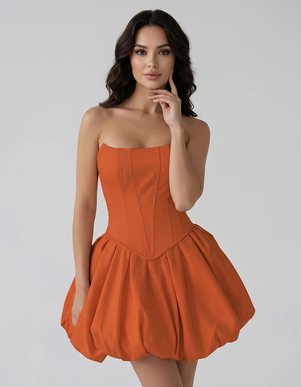 Satin Strapless Structured Bubble Hem Mini Dress for Party, Cocktail, Evening, Summer Events, Wedding Guest Occasions, front | SKU: VM-583741926184705-ORANGE-L,VM-583741926184705-ORANGE-M,VM-583741926184705-ORANGE-S,VM-583741926184705-ORANGE-XL,VM-583741926184705-ORANGE-XS