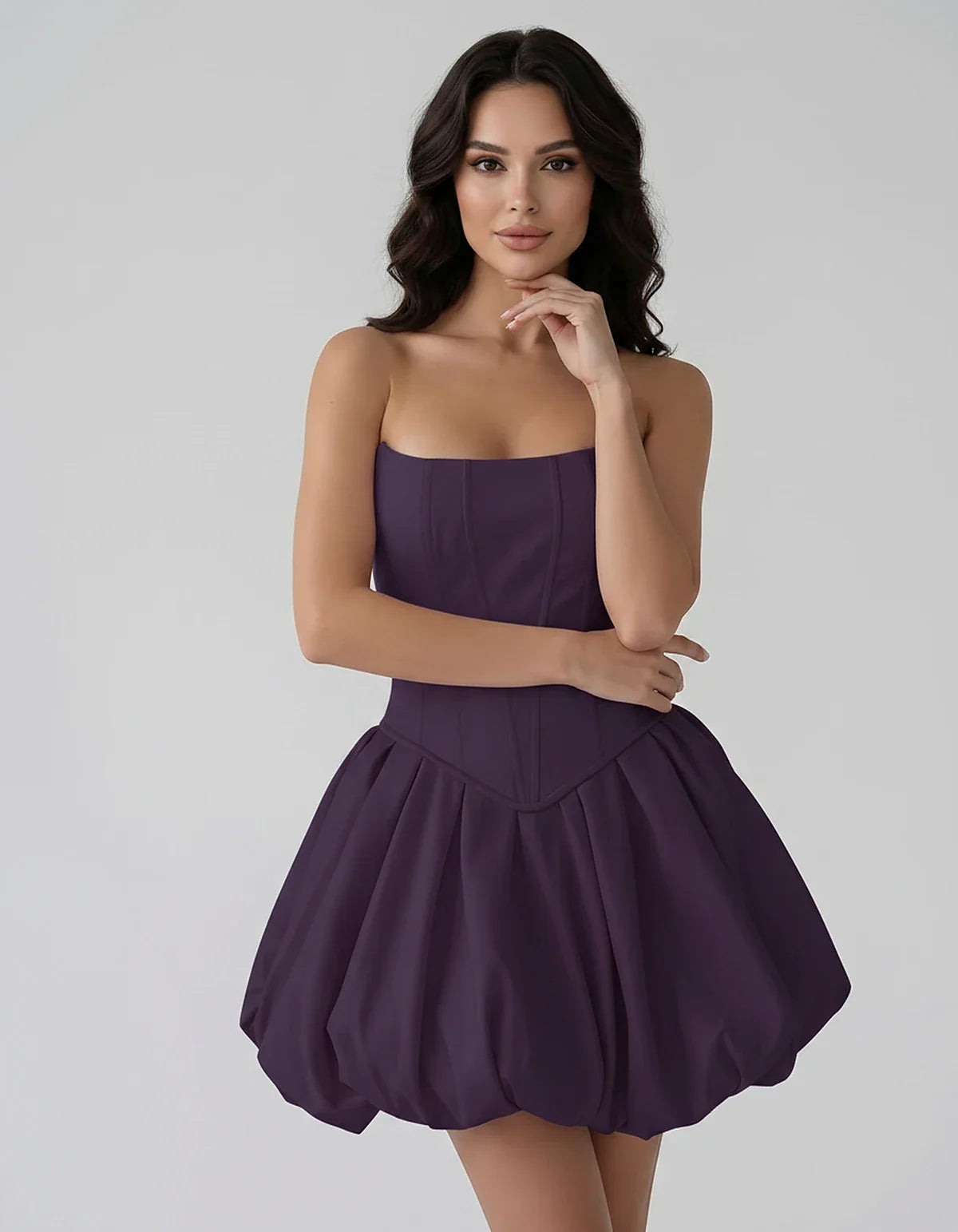 Satin Strapless Structured Bubble Hem Mini Dress for Party, Cocktail, Evening, Summer Events, Wedding Guest Occasions, front | SKU: VM-583741926184705-PLUM-L,VM-583741926184705-PLUM-M,VM-583741926184705-PLUM-S,VM-583741926184705-PLUM-XL,VM-583741926184705-PLUM-XS