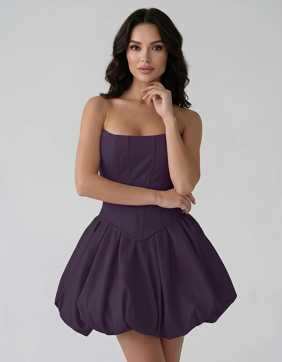 Satin Strapless Structured Bubble Hem Mini Dress for Party, Cocktail, Evening, Summer Events, Wedding Guest Occasions, front | SKU: VM-583741926184705-PLUM-L,VM-583741926184705-PLUM-M,VM-583741926184705-PLUM-S,VM-583741926184705-PLUM-XL,VM-583741926184705-PLUM-XS