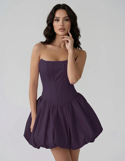 Satin Strapless Structured Bubble Hem Mini Dress for Party, Cocktail, Evening, Summer Events, Wedding Guest Occasions, front | SKU: VM-583741926184705-PLUM-L,VM-583741926184705-PLUM-M,VM-583741926184705-PLUM-S,VM-583741926184705-PLUM-XL,VM-583741926184705-PLUM-XS