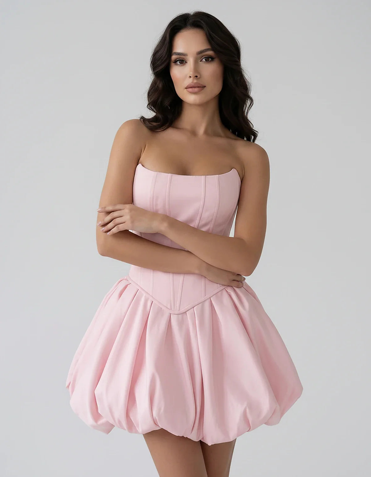 Satin Strapless Structured Bubble Hem Mini Dress for Party, Cocktail, Evening, Summer Events, Wedding Guest Occasions, front | SKU: VM-583741926184705-BLUSH-L,VM-583741926184705-BLUSH-M,VM-583741926184705-BLUSH-S,VM-583741926184705-BLUSH-XL,VM-583741926184705-BLUSH-XS