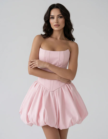 Satin Strapless Structured Bubble Hem Mini Dress for Party, Cocktail, Evening, Summer Events, Wedding Guest Occasions, front | SKU: VM-583741926184705-BLUSH-L,VM-583741926184705-BLUSH-M,VM-583741926184705-BLUSH-S,VM-583741926184705-BLUSH-XL,VM-583741926184705-BLUSH-XS
