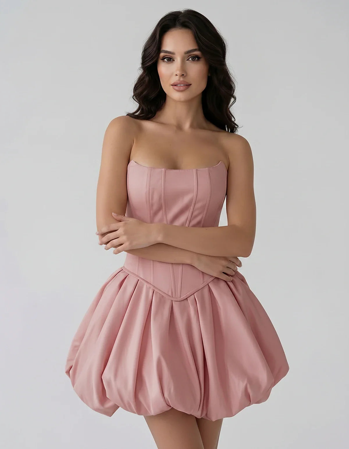 Satin Strapless Structured Bubble Hem Mini Dress for Party, Cocktail, Evening, Summer Events, Wedding Guest Occasions, front | SKU: VM-583741926184705-DUSTYROSE-L,VM-583741926184705-DUSTYROSE-M,VM-583741926184705-DUSTYROSE-S,VM-583741926184705-DUSTYROSE-XL,VM-583741926184705-DUSTYROSE-XS