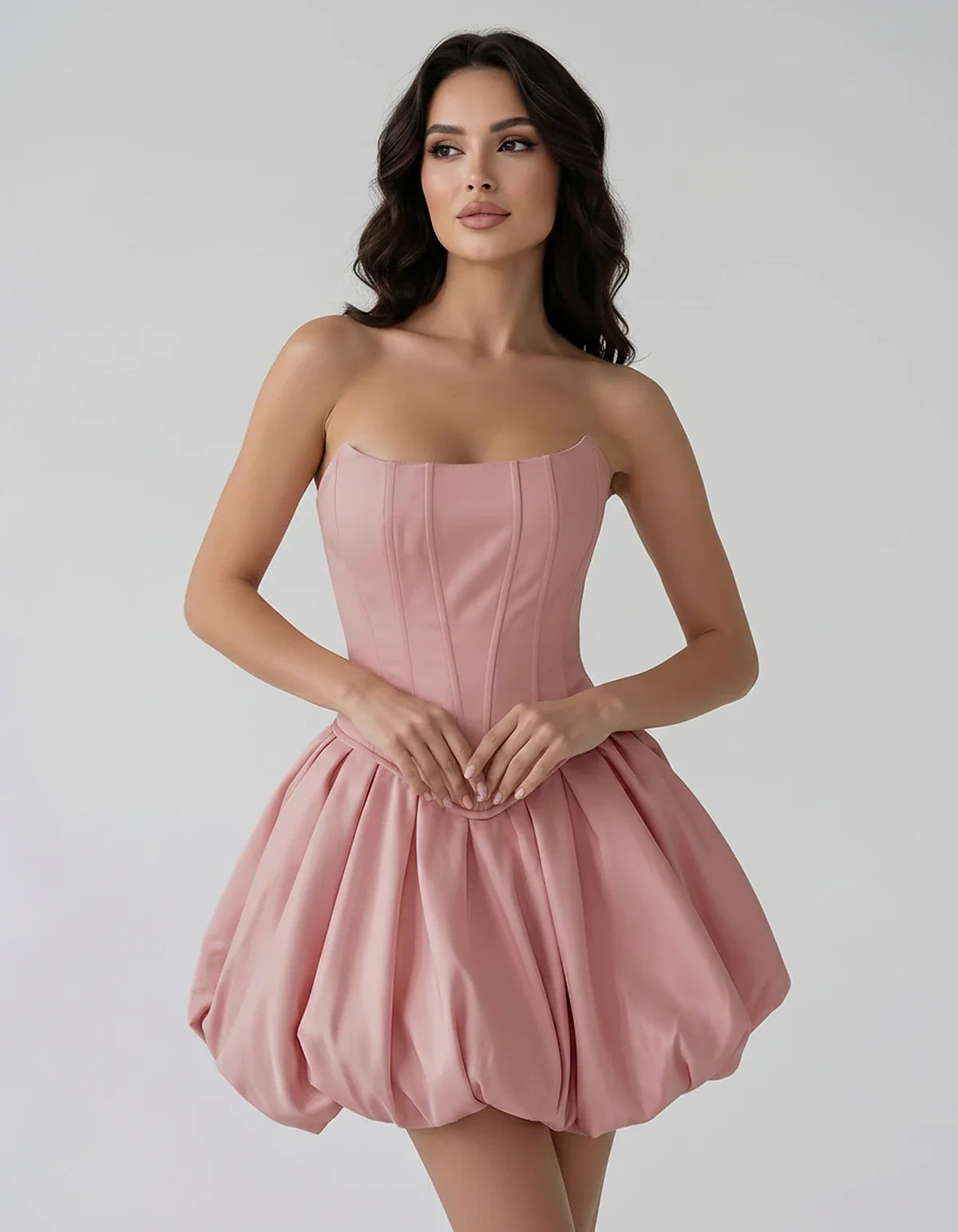 Satin Strapless Structured Bubble Hem Mini Dress for Party, Cocktail, Evening, Summer Events, Wedding Guest Occasions, front | SKU: VM-583741926184705-DUSTYROSE-L,VM-583741926184705-DUSTYROSE-M,VM-583741926184705-DUSTYROSE-S,VM-583741926184705-DUSTYROSE-XL,VM-583741926184705-DUSTYROSE-XS