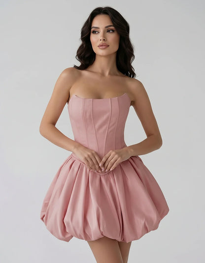 Satin Strapless Structured Bubble Hem Mini Dress for Party, Cocktail, Evening, Summer Events, Wedding Guest Occasions, front | SKU: VM-583741926184705-DUSTYROSE-L,VM-583741926184705-DUSTYROSE-M,VM-583741926184705-DUSTYROSE-S,VM-583741926184705-DUSTYROSE-XL,VM-583741926184705-DUSTYROSE-XS
