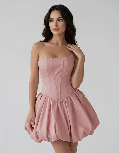 Satin Strapless Structured Bubble Hem Mini Dress for Party, Cocktail, Evening, Summer Events, Wedding Guest Occasions, front | SKU: VM-583741926184705-DUSTYROSE-L,VM-583741926184705-DUSTYROSE-M,VM-583741926184705-DUSTYROSE-S,VM-583741926184705-DUSTYROSE-XL,VM-583741926184705-DUSTYROSE-XS