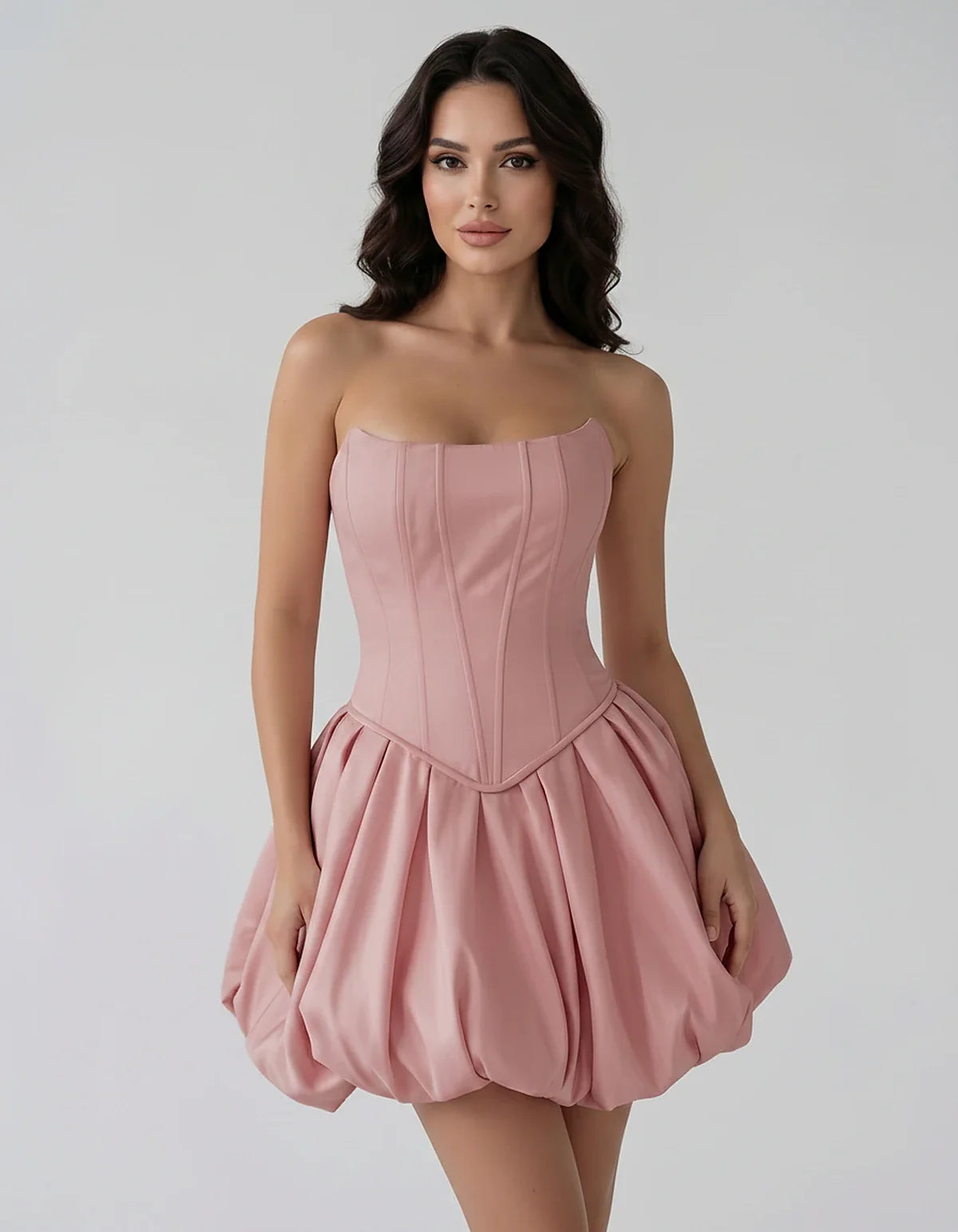 Satin Strapless Structured Bubble Hem Mini Dress for Party, Cocktail, Evening, Summer Events, Wedding Guest Occasions, front | SKU: VM-583741926184705-DUSTYROSE-L,VM-583741926184705-DUSTYROSE-M,VM-583741926184705-DUSTYROSE-S,VM-583741926184705-DUSTYROSE-XL,VM-583741926184705-DUSTYROSE-XS