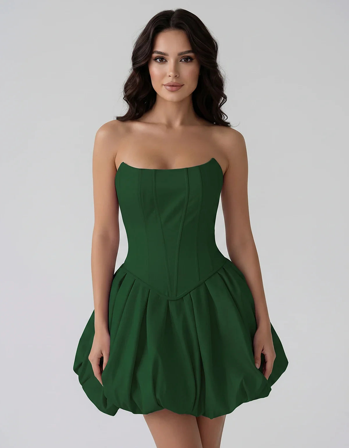 Satin Strapless Structured Bubble Hem Mini Dress for Party, Cocktail, Evening, Summer Events, Wedding Guest Occasions, front | SKU: VM-583741926184705-GREEN-L,VM-583741926184705-GREEN-M,VM-583741926184705-GREEN-S,VM-583741926184705-GREEN-XL,VM-583741926184705-GREEN-XS