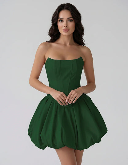 Satin Strapless Structured Bubble Hem Mini Dress for Party, Cocktail, Evening, Summer Events, Wedding Guest Occasions, front | SKU: VM-583741926184705-GREEN-L,VM-583741926184705-GREEN-M,VM-583741926184705-GREEN-S,VM-583741926184705-GREEN-XL,VM-583741926184705-GREEN-XS