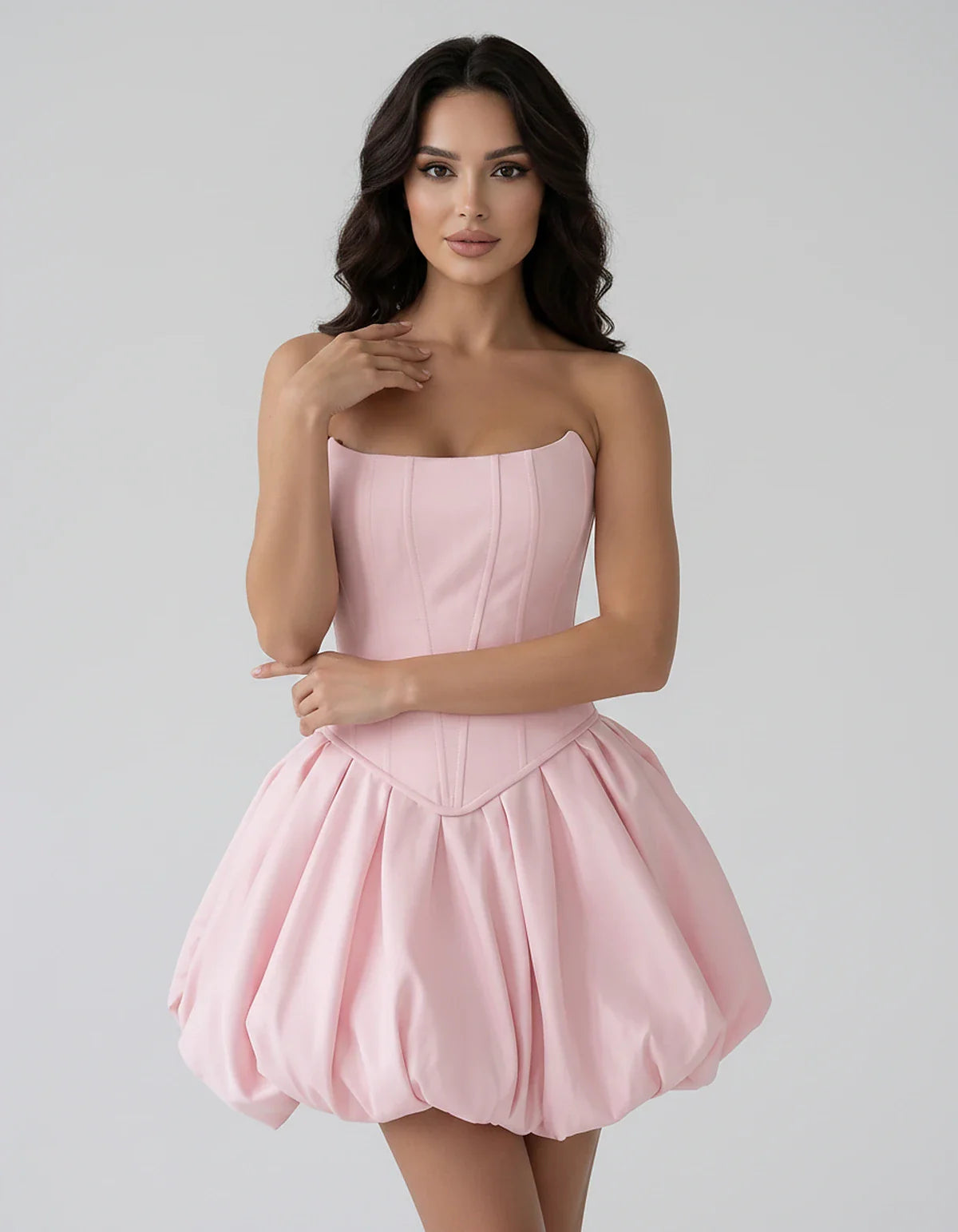 Satin Strapless Structured Bubble Hem Mini Dress for Party, Cocktail, Evening, Summer Events, Wedding Guest Occasions, front | SKU: VM-583741926184705-BLUSH-L,VM-583741926184705-BLUSH-M,VM-583741926184705-BLUSH-S,VM-583741926184705-BLUSH-XL,VM-583741926184705-BLUSH-XS