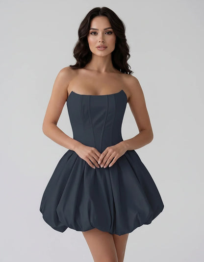 Satin Strapless Structured Bubble Hem Mini Dress for Party, Cocktail, Evening, Summer Events, Wedding Guest Occasions, front | SKU: VM-583741926184705-NAVY-L,VM-583741926184705-NAVY-M,VM-583741926184705-NAVY-S,VM-583741926184705-NAVY-XL,VM-583741926184705-NAVY-XS
