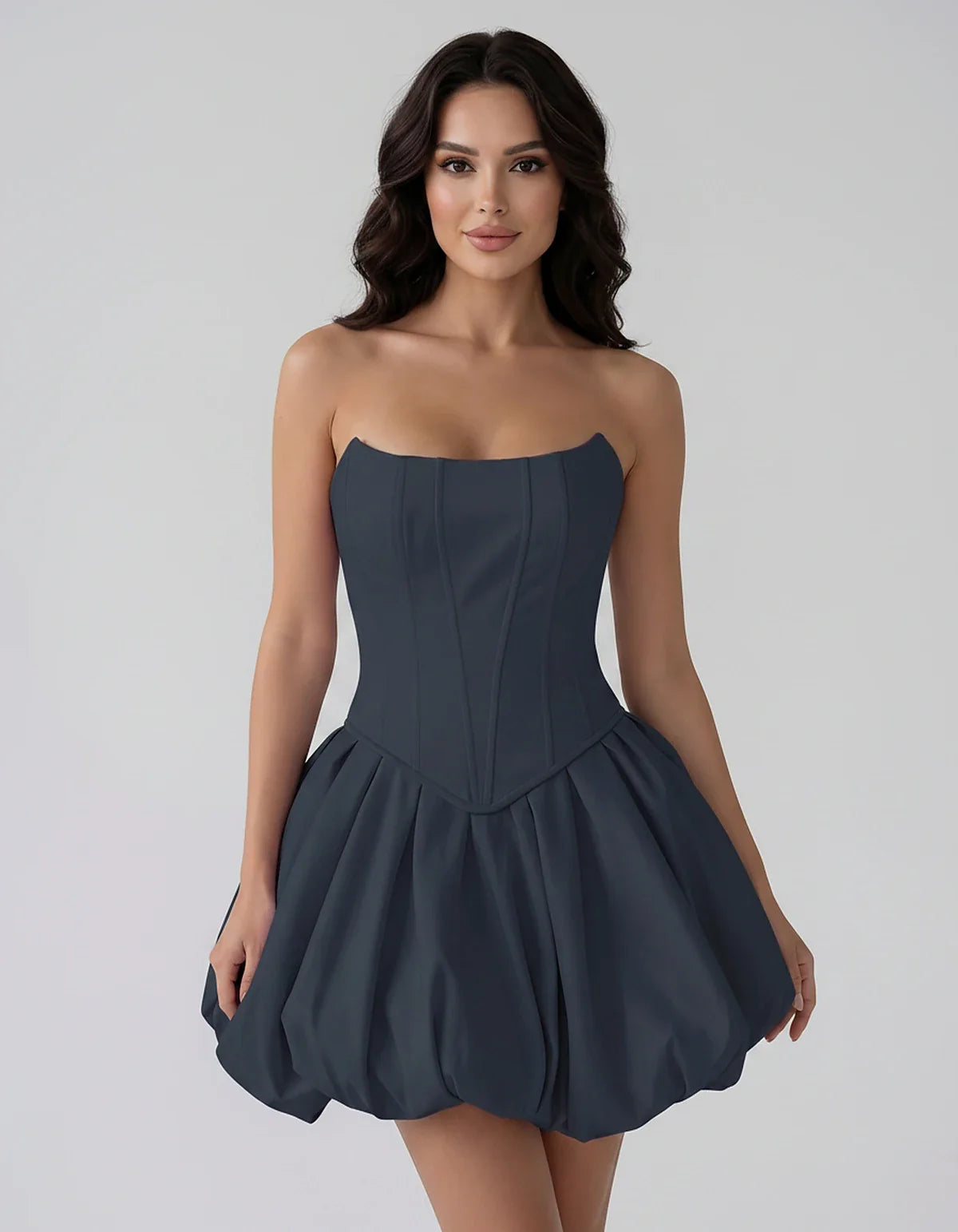 Satin Strapless Structured Bubble Hem Mini Dress for Party, Cocktail, Evening, Summer Events, Wedding Guest Occasions, front | SKU: VM-583741926184705-NAVY-L,VM-583741926184705-NAVY-M,VM-583741926184705-NAVY-S,VM-583741926184705-NAVY-XL,VM-583741926184705-NAVY-XS
