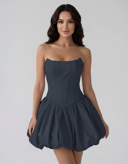 Satin Strapless Structured Bubble Hem Mini Dress for Party, Cocktail, Evening, Summer Events, Wedding Guest Occasions, front | SKU: VM-583741926184705-NAVY-L,VM-583741926184705-NAVY-M,VM-583741926184705-NAVY-S,VM-583741926184705-NAVY-XL,VM-583741926184705-NAVY-XS
