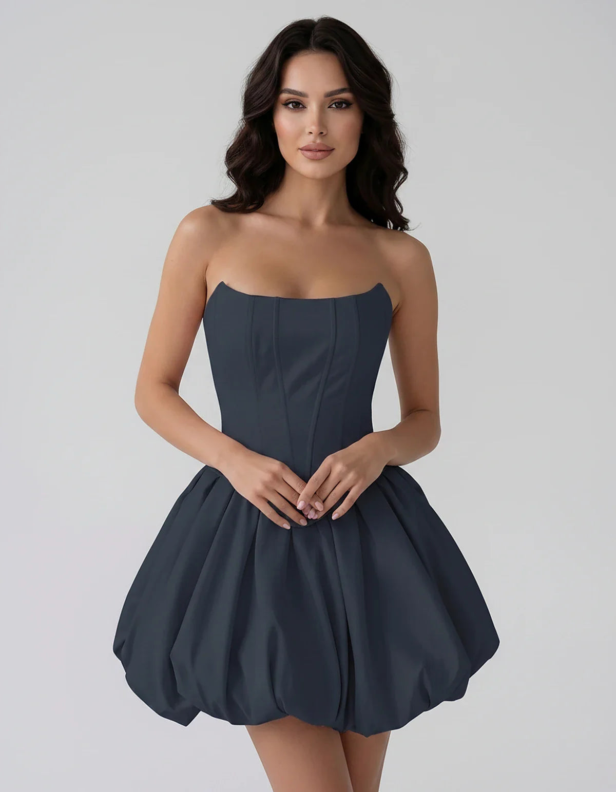 Satin Strapless Structured Bubble Hem Mini Dress for Party, Cocktail, Evening, Summer Events, Wedding Guest Occasions, front | SKU: VM-583741926184705-NAVY-L,VM-583741926184705-NAVY-M,VM-583741926184705-NAVY-S,VM-583741926184705-NAVY-XL,VM-583741926184705-NAVY-XS