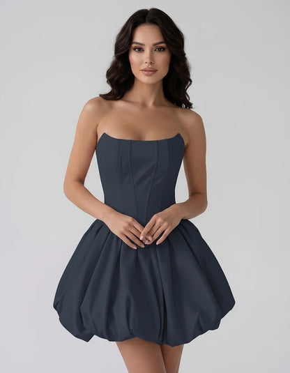 Satin Strapless Structured Bubble Hem Mini Dress for Party, Cocktail, Evening, Summer Events, Wedding Guest Occasions, front | SKU: VM-583741926184705-NAVY-L,VM-583741926184705-NAVY-M,VM-583741926184705-NAVY-S,VM-583741926184705-NAVY-XL,VM-583741926184705-NAVY-XS