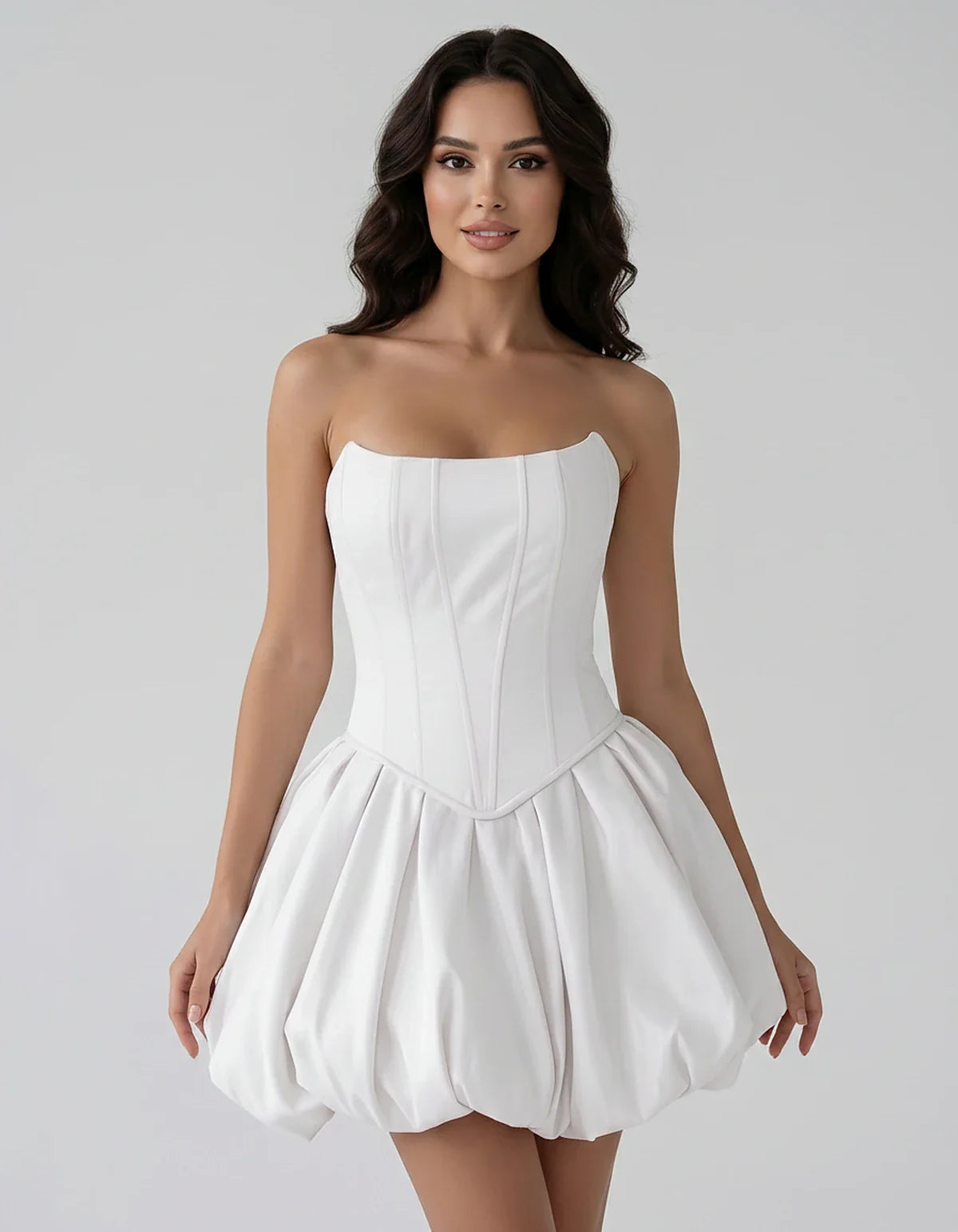 Satin Strapless Structured Bubble Hem Mini Dress for Party, Cocktail, Evening, Summer Events, Wedding Guest Occasions, front | SKU: VM-583741926184705-WHITE-L,VM-583741926184705-WHITE-M,VM-583741926184705-WHITE-S,VM-583741926184705-WHITE-XL,VM-583741926184705-WHITE-XS