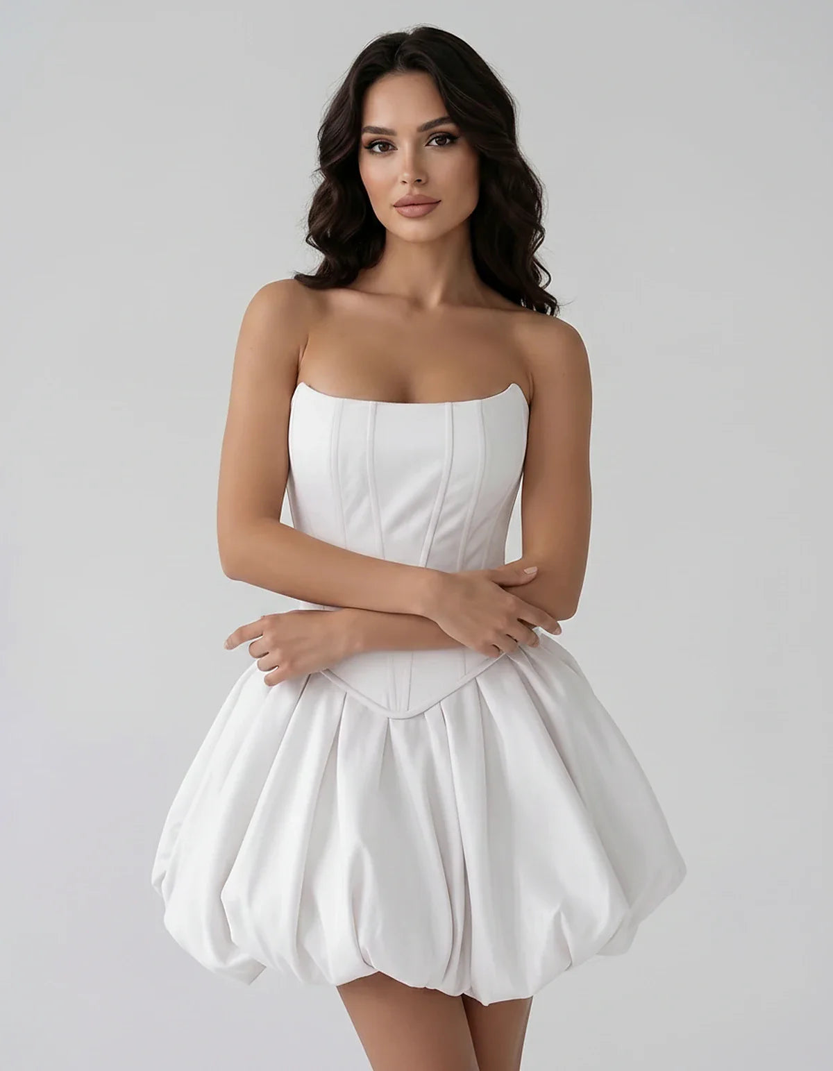Satin Strapless Structured Bubble Hem Mini Dress for Party, Cocktail, Evening, Summer Events, Wedding Guest Occasions, front | SKU: VM-583741926184705-WHITE-L,VM-583741926184705-WHITE-M,VM-583741926184705-WHITE-S,VM-583741926184705-WHITE-XL,VM-583741926184705-WHITE-XS