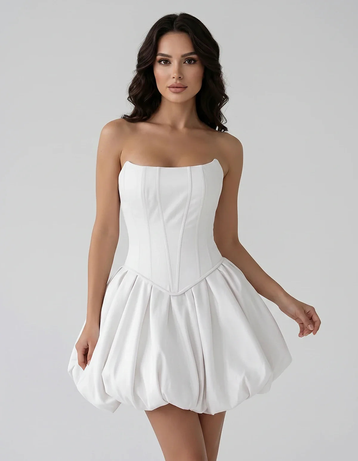 Satin Strapless Structured Bubble Hem Mini Dress for Party, Cocktail, Evening, Summer Events, Wedding Guest Occasions, front | SKU: VM-583741926184705-WHITE-L,VM-583741926184705-WHITE-M,VM-583741926184705-WHITE-S,VM-583741926184705-WHITE-XL,VM-583741926184705-WHITE-XS