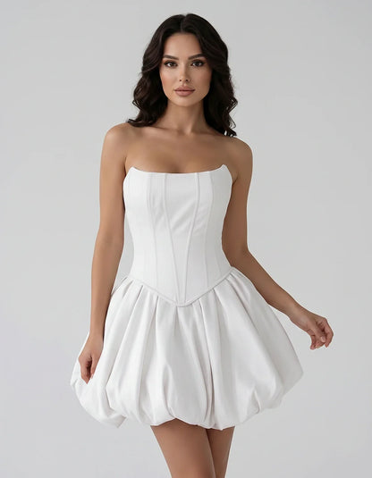 Satin Strapless Structured Bubble Hem Mini Dress for Party, Cocktail, Evening, Summer Events, Wedding Guest Occasions, front | SKU: VM-583741926184705-WHITE-L,VM-583741926184705-WHITE-M,VM-583741926184705-WHITE-S,VM-583741926184705-WHITE-XL,VM-583741926184705-WHITE-XS