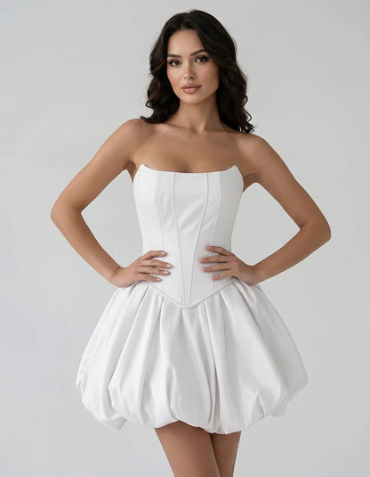 Satin Strapless Structured Bubble Hem Mini Dress for Party, Cocktail, Evening, Summer Events, Wedding Guest Occasions, front | SKU: VM-583741926184705-WHITE-L,VM-583741926184705-WHITE-M,VM-583741926184705-WHITE-S,VM-583741926184705-WHITE-XL,VM-583741926184705-WHITE-XS