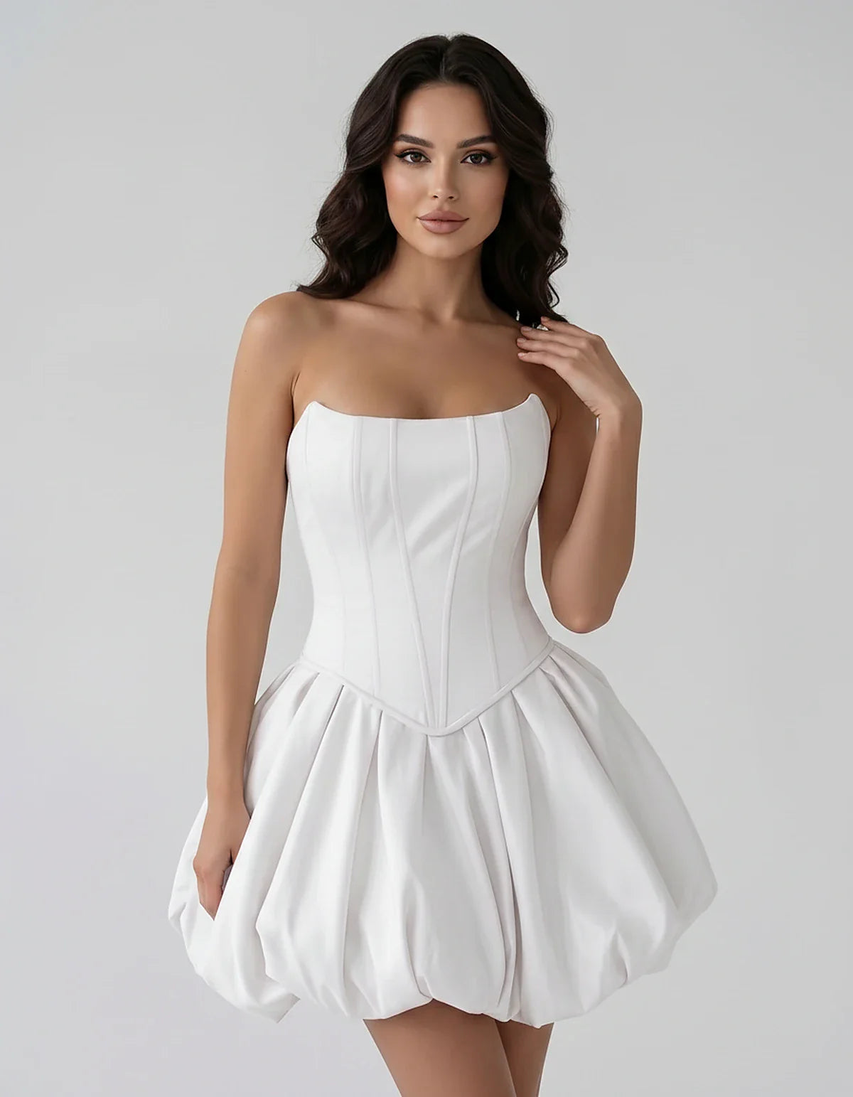Satin Strapless Structured Bubble Hem Mini Dress for Party, Cocktail, Evening, Summer Events, Wedding Guest Occasions, front | SKU: VM-583741926184705-WHITE-L,VM-583741926184705-WHITE-M,VM-583741926184705-WHITE-S,VM-583741926184705-WHITE-XL,VM-583741926184705-WHITE-XS