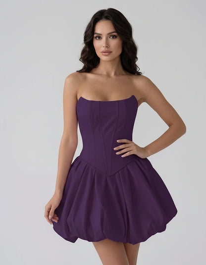 Satin Strapless Structured Bubble Hem Mini Dress for Party, Cocktail, Evening, Summer Events, Wedding Guest Occasions, front | SKU: VM-583741926184705-PURPLE-L,VM-583741926184705-PURPLE-M,VM-583741926184705-PURPLE-S,VM-583741926184705-PURPLE-XL,VM-583741926184705-PURPLE-XS