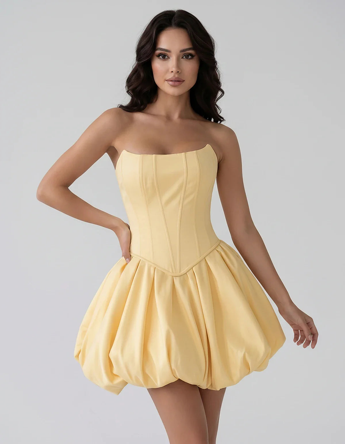 Satin Strapless Structured Bubble Hem Mini Dress for Party, Cocktail, Evening, Summer Events, Wedding Guest Occasions, front | SKU: VM-583741926184705-YELLOW-L,VM-583741926184705-YELLOW-M,VM-583741926184705-YELLOW-S,VM-583741926184705-YELLOW-XL,VM-583741926184705-YELLOW-XS