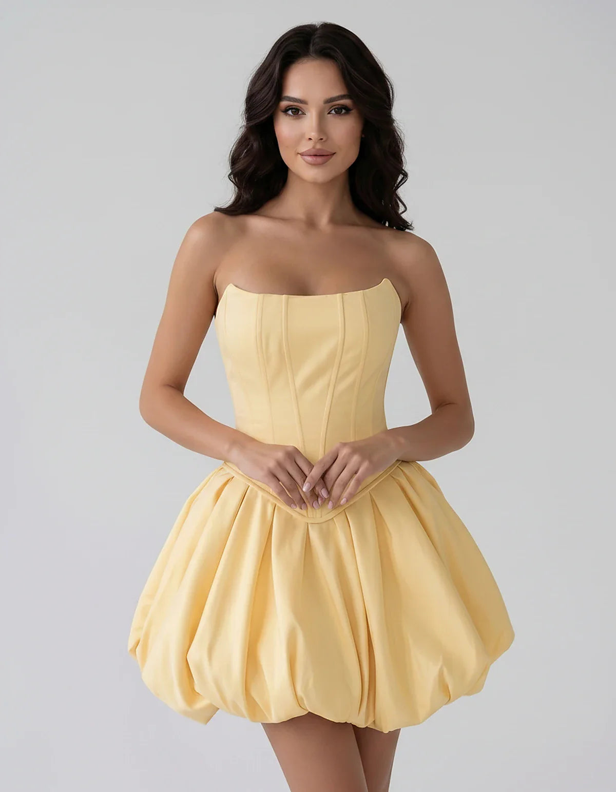 Satin Strapless Structured Bubble Hem Mini Dress for Party, Cocktail, Evening, Summer Events, Wedding Guest Occasions, front | SKU: VM-583741926184705-YELLOW-L,VM-583741926184705-YELLOW-M,VM-583741926184705-YELLOW-S,VM-583741926184705-YELLOW-XL,VM-583741926184705-YELLOW-XS