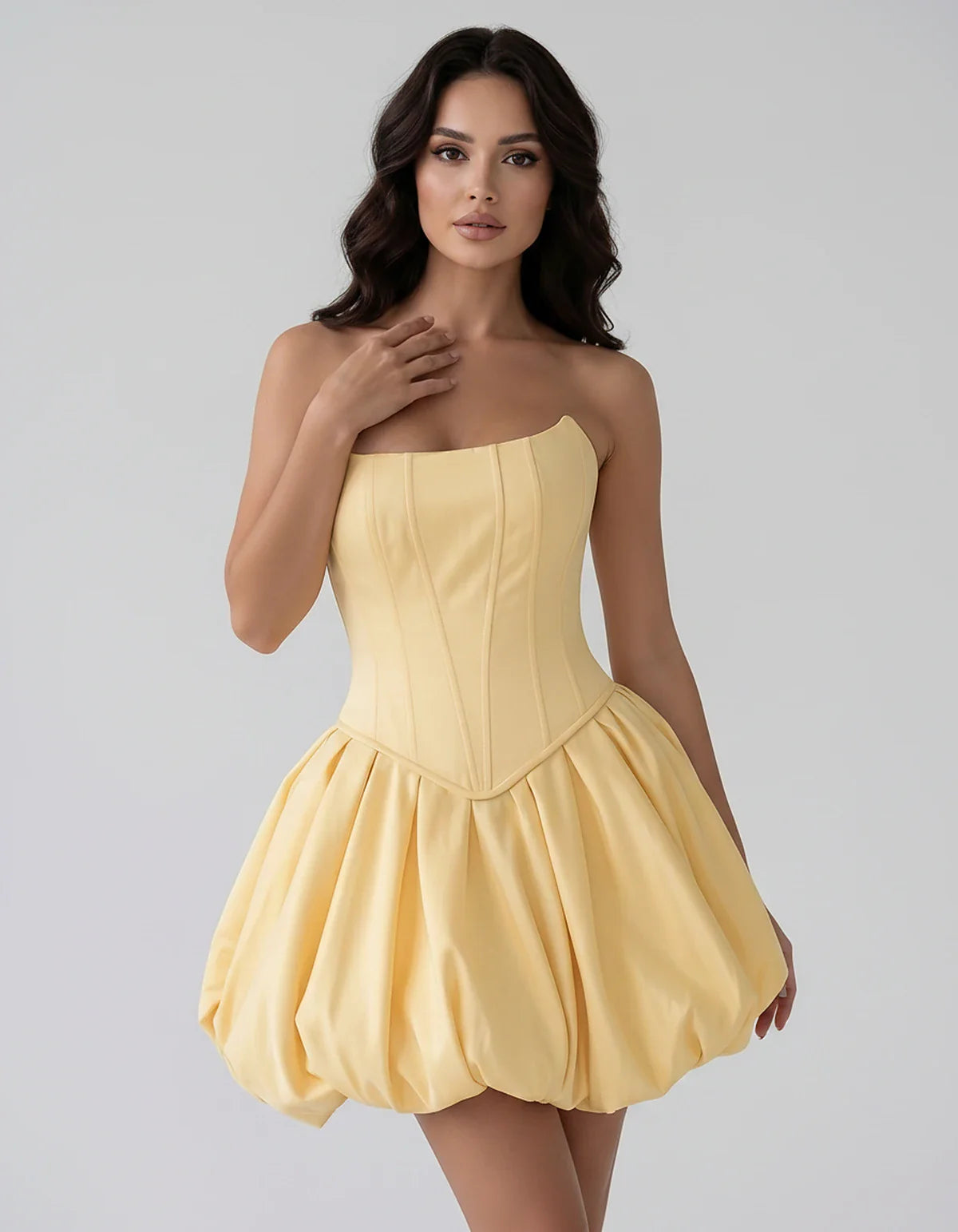 Satin Strapless Structured Bubble Hem Mini Dress for Party, Cocktail, Evening, Summer Events, Wedding Guest Occasions, front | SKU: VM-583741926184705-YELLOW-L,VM-583741926184705-YELLOW-M,VM-583741926184705-YELLOW-S,VM-583741926184705-YELLOW-XL,VM-583741926184705-YELLOW-XS
